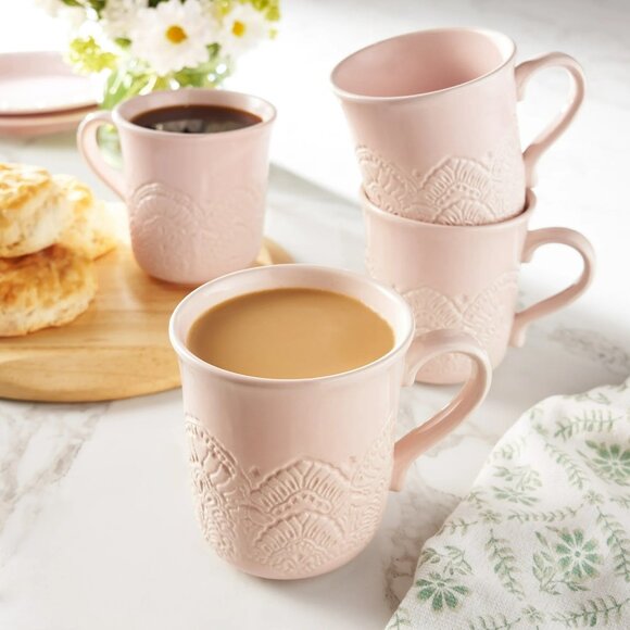 Pioneer Woman Vintage Lace Ceramic Cups Stoneware Mugs 4 pc Set Pink New